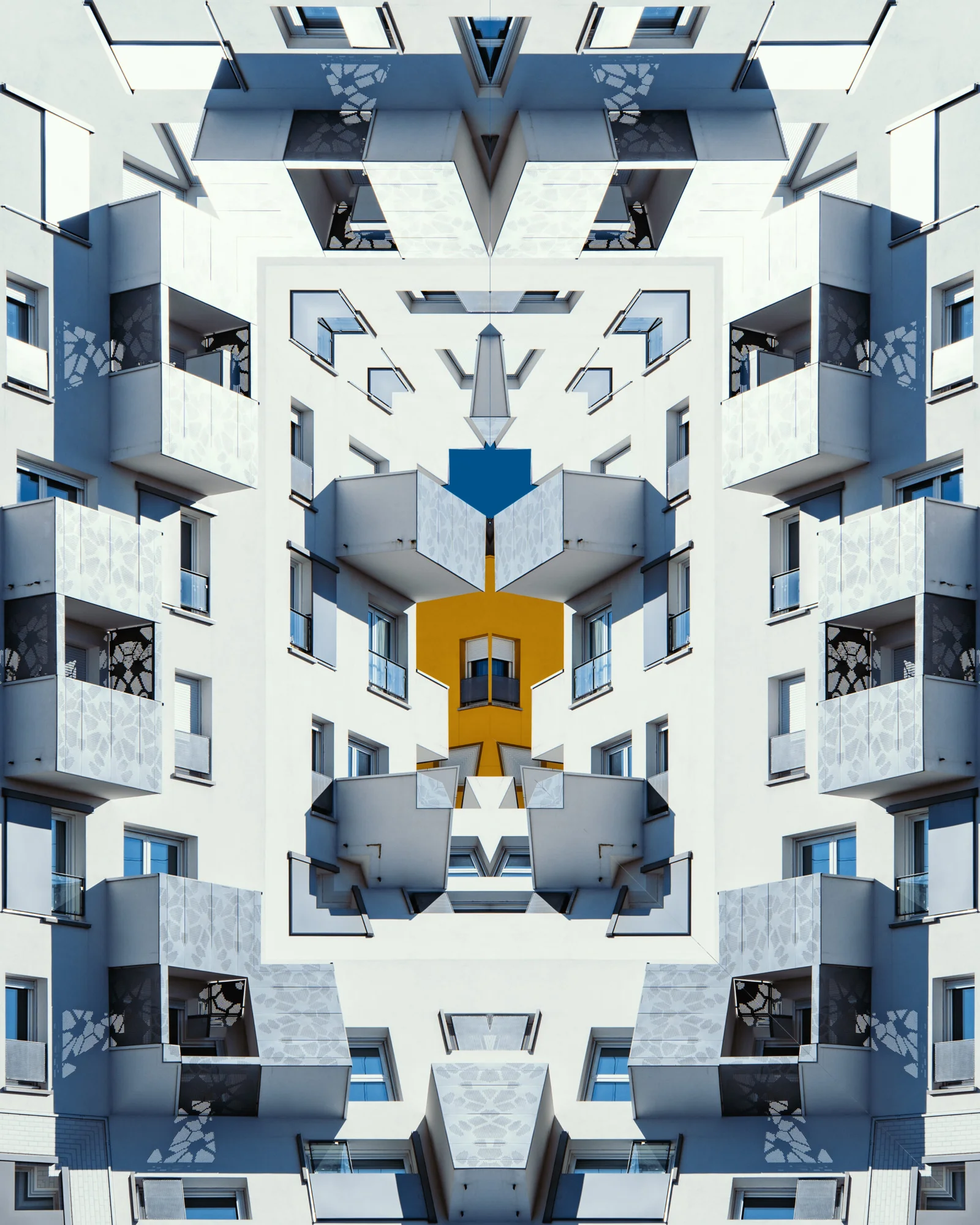 Photograph of modern architecture with abstract kaleidoscopic patterns, available as a numbered art print