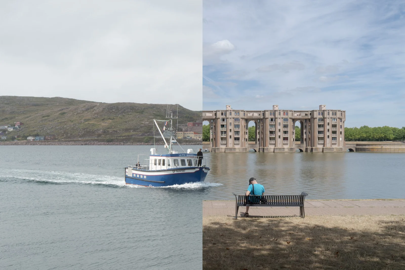 Collage visuel montrant la dualité entre un paysage insulaire et un environnement métropolitain, tirage d’art en édition limitée