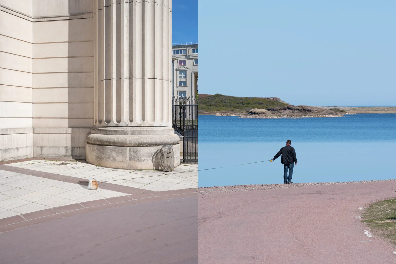 Collage photographique représentant un paysage maritime de l'archipel et une vue urbaine, tirage d’art plastique
