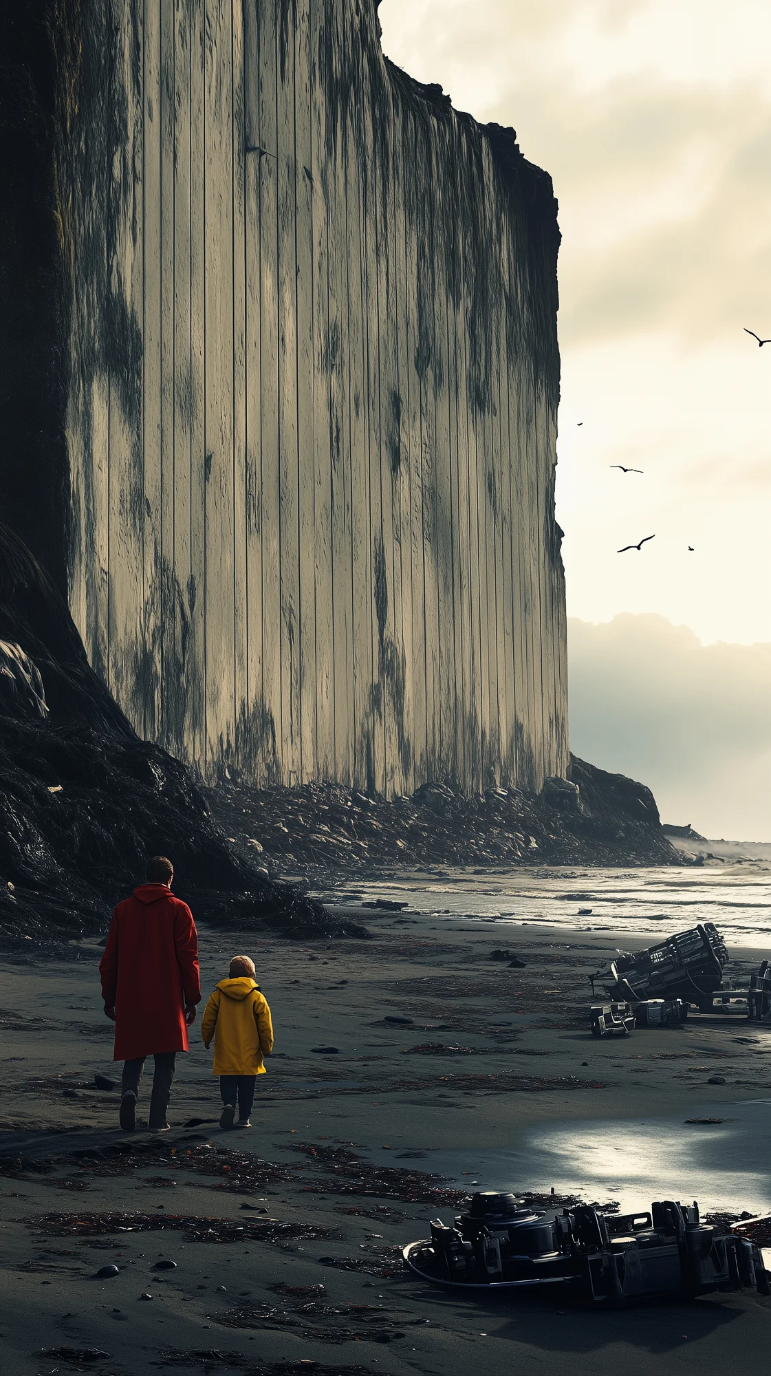 Father in a red coat and son in a yellow raincoat walking along a deserted beach, dwarfed by a massive, weathered wall with scattered debris around them.