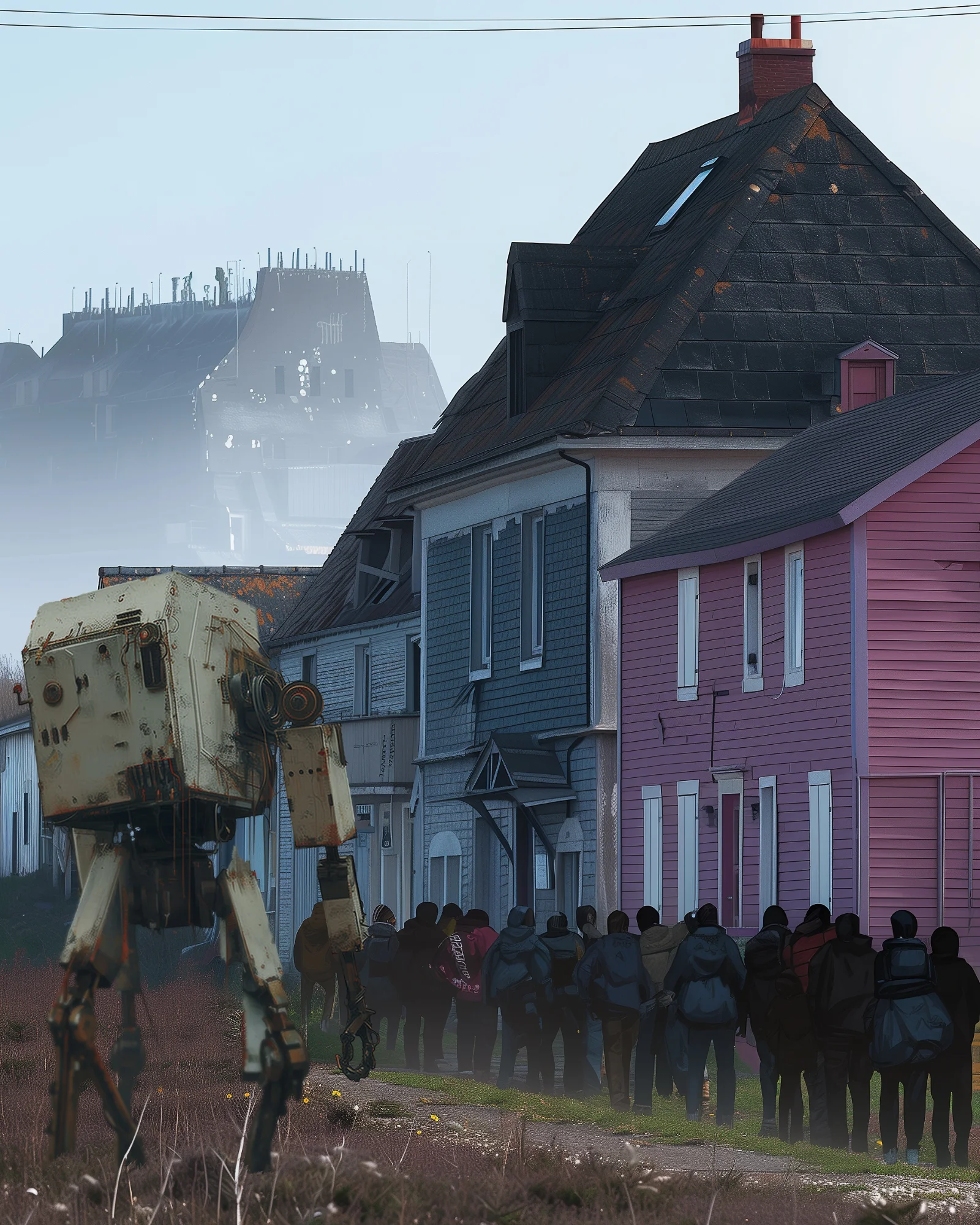 Group of people standing in line on a foggy street with a large, rusty robot and a massive industrial structure looming in the background.