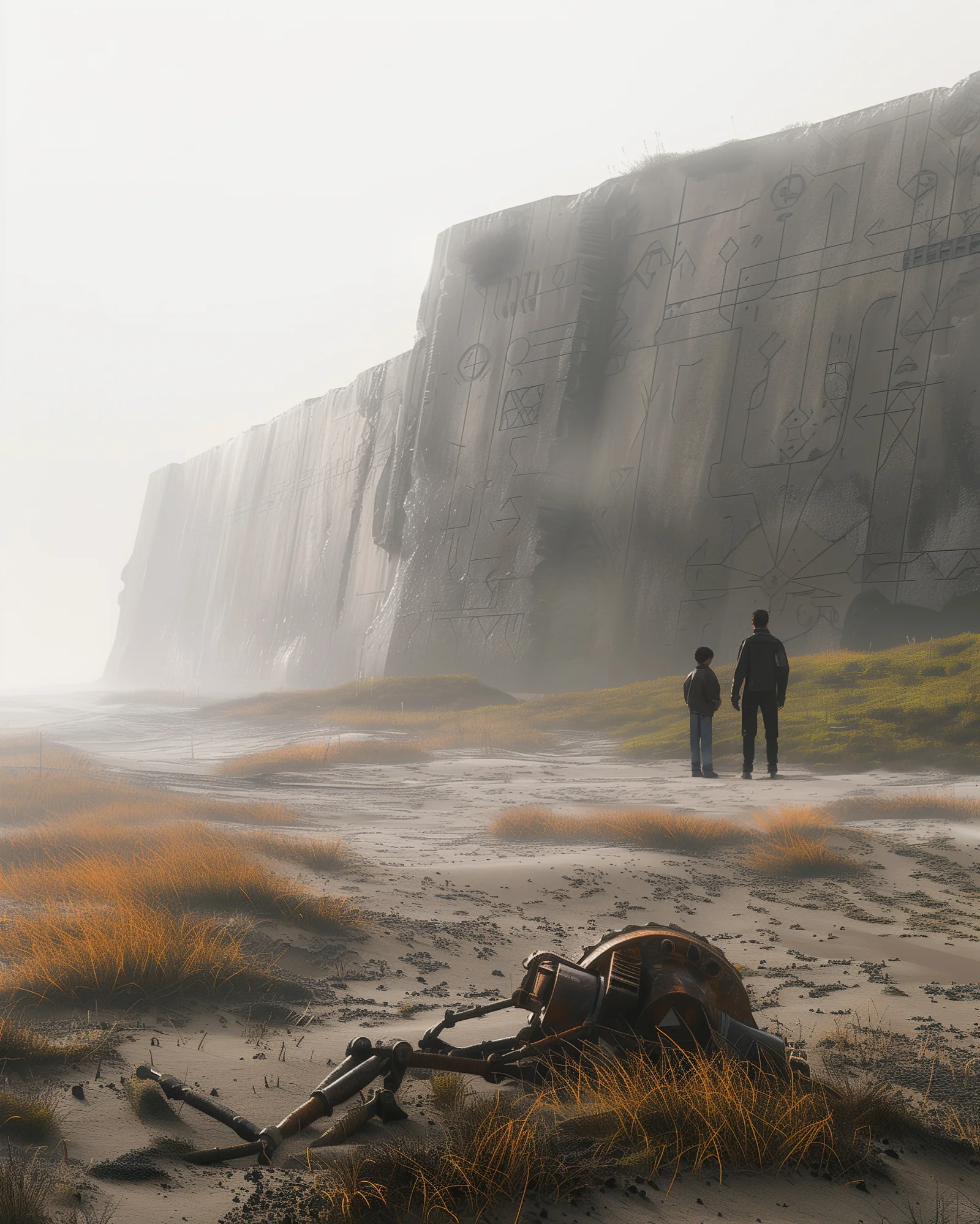 Father and son walking across a barren plain towards a colossal, ancient-looking wall with mysterious engravings, with a broken robot lying on the ground.