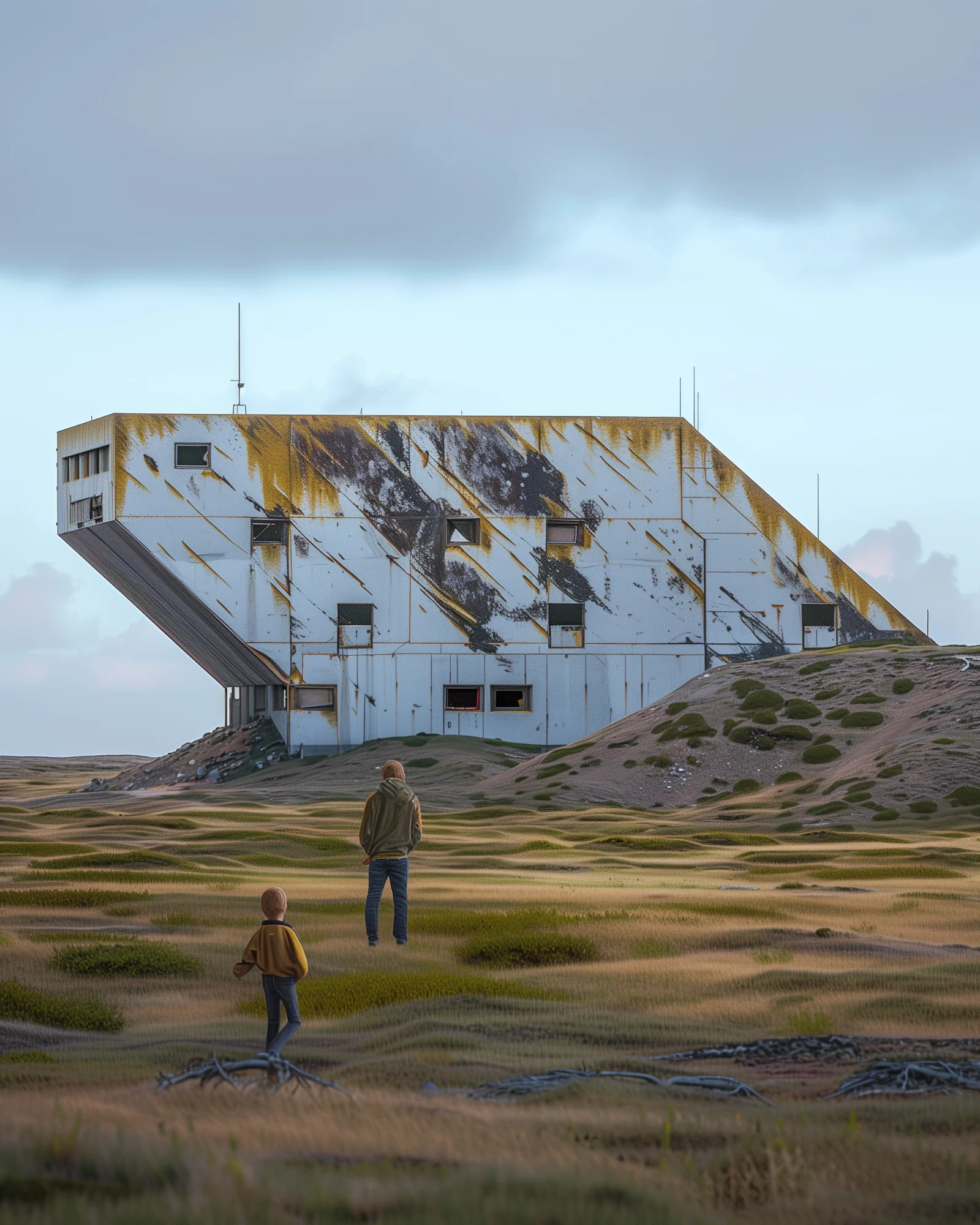 Father and son standing on a grassy plain, looking at a large, weathered building with rust-streaked walls under a cloudy sky