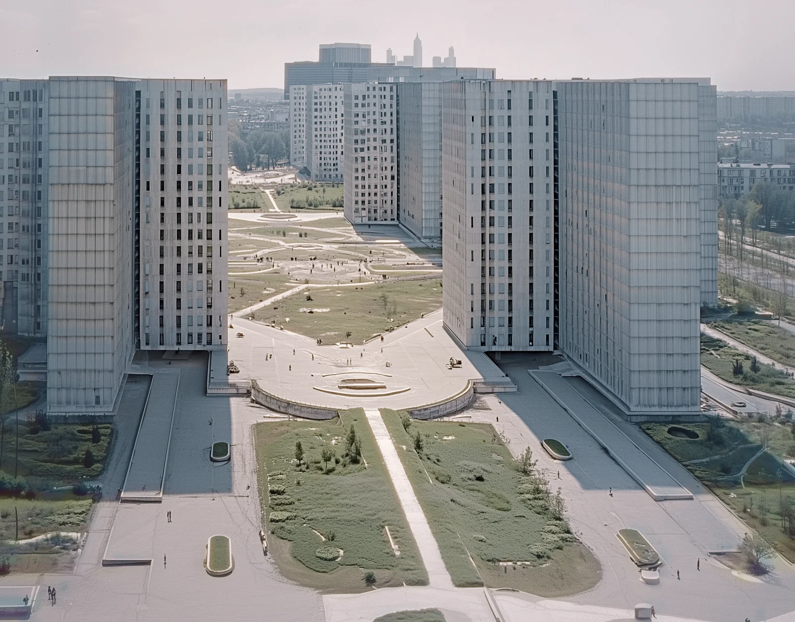 Futuristic perspective of geometric, open buildings in Paris, based on Le Corbusier’s Plan Voisin concept, integrating a sustainable and orderly environment.