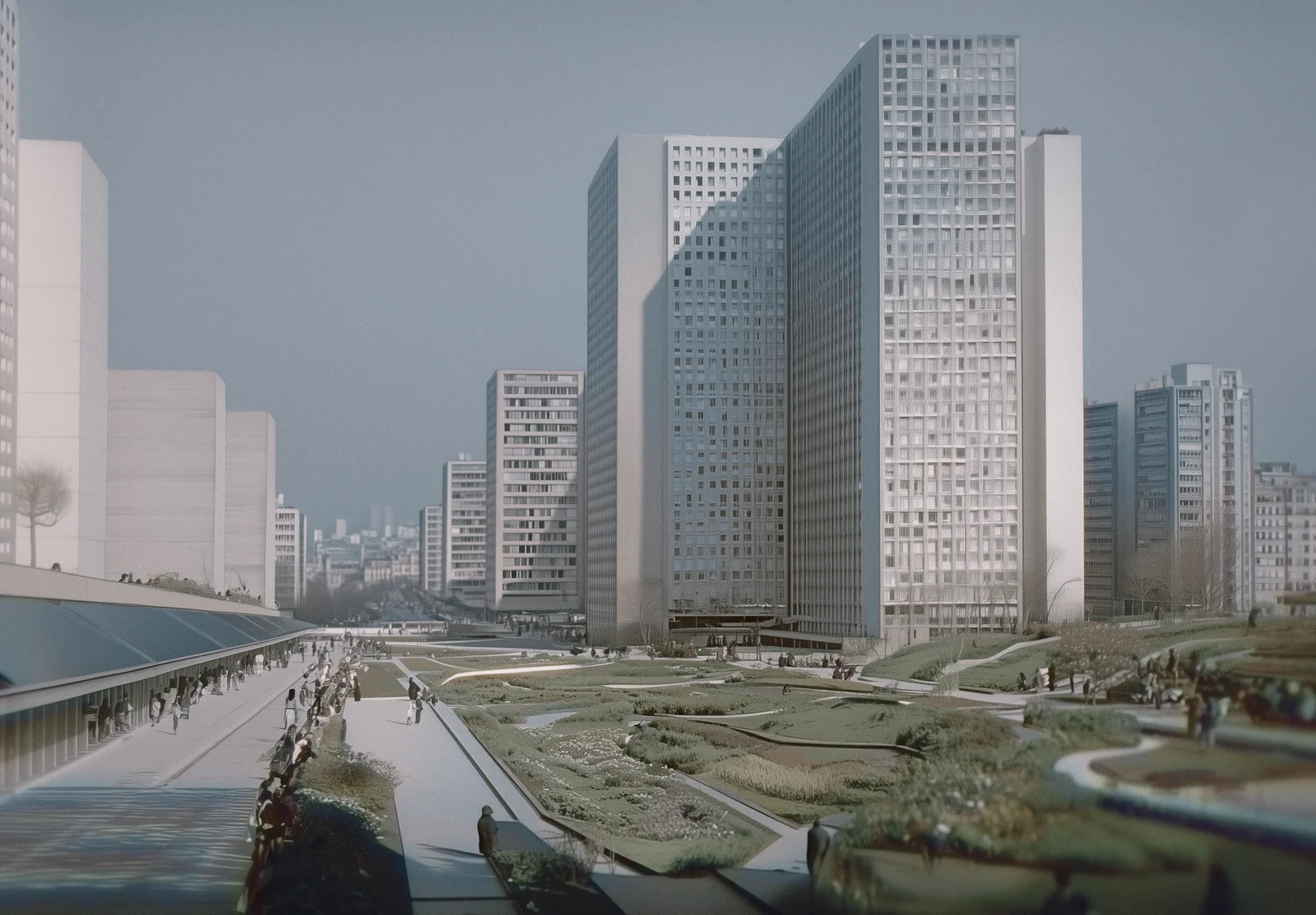 Modern urban scene inspired by Le Corbusier’s Plan Voisin, with green spaces integrated into uniform, contemporary residential structures.