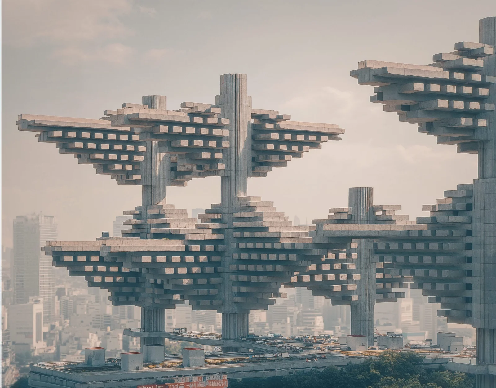 Photorealistic reconstruction of the "City in the Air" megastructure suspended above Tokyo, aerial view