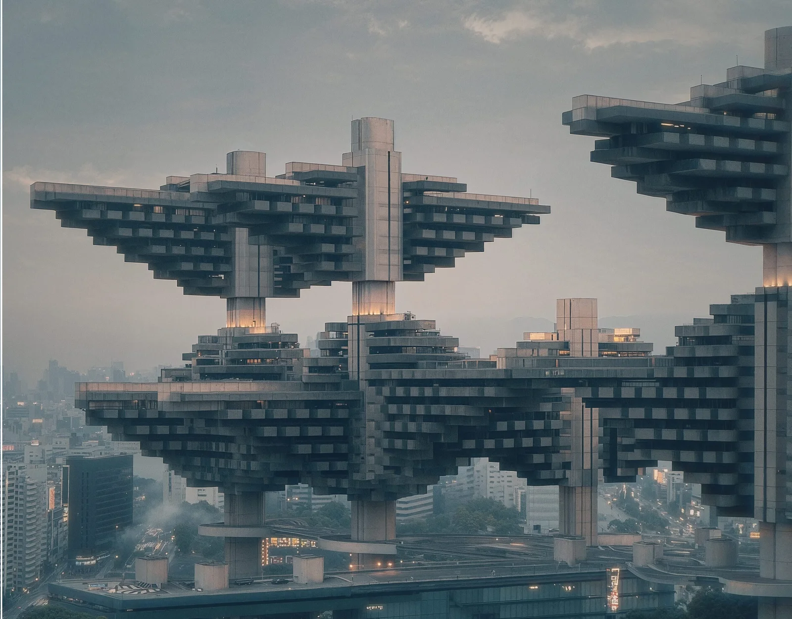 Photorealistic night-time reconstruction of "City in the Air" towering over the illuminated city