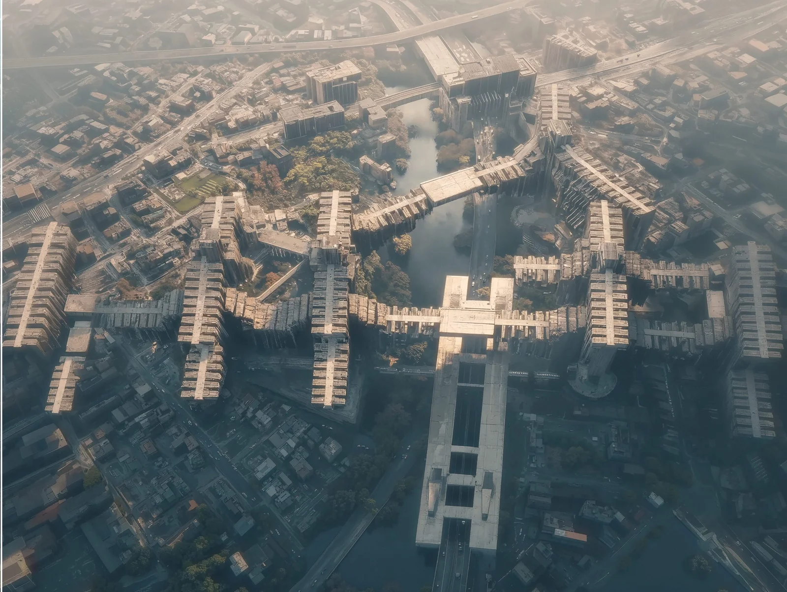 Photorealistic aerial view of interconnected brutalist structures above the existing city