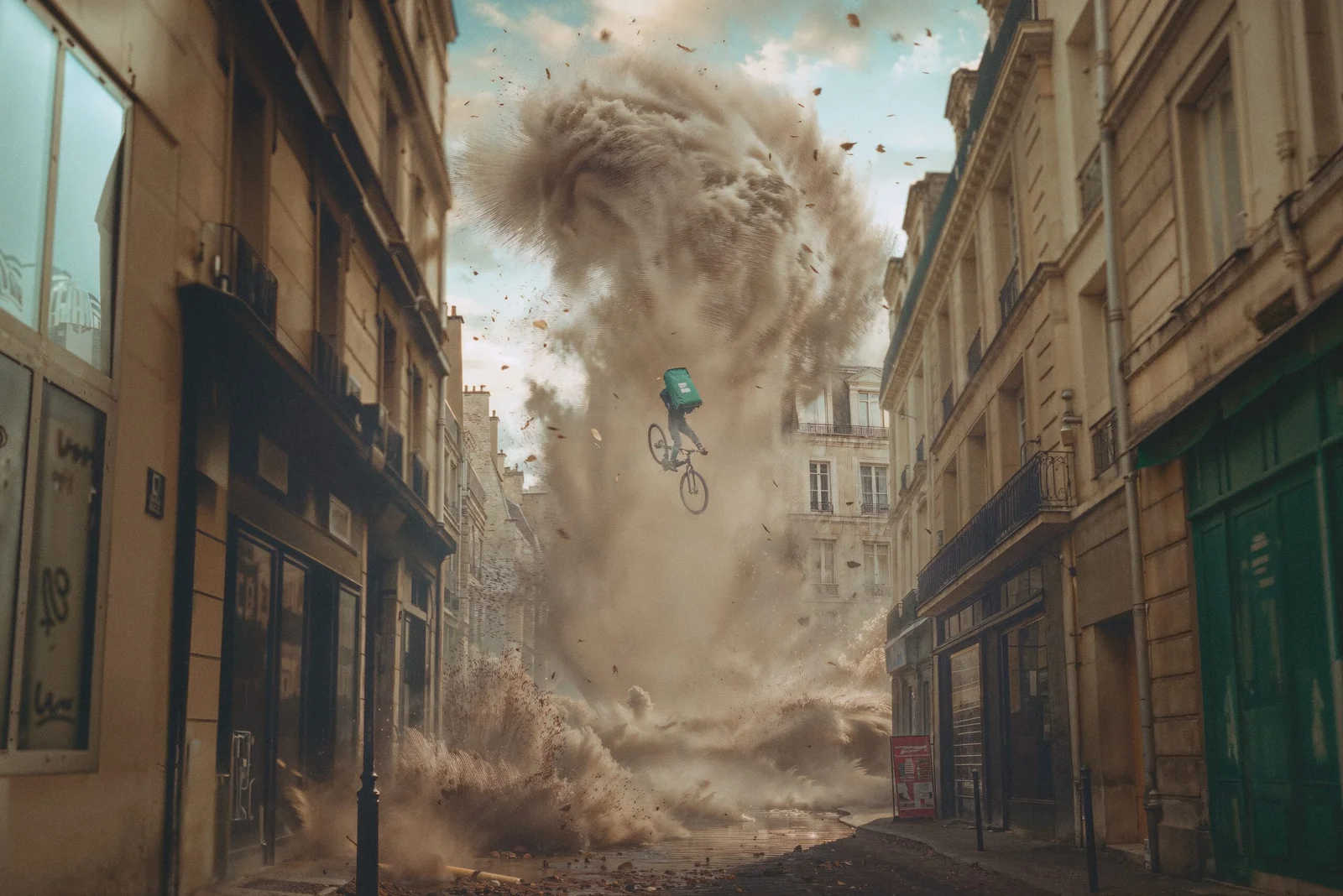Une tornade de sable et de gravats remonte une rue urbaine déserte, un livreur à vélo emporté en l'air au centre du vortex.