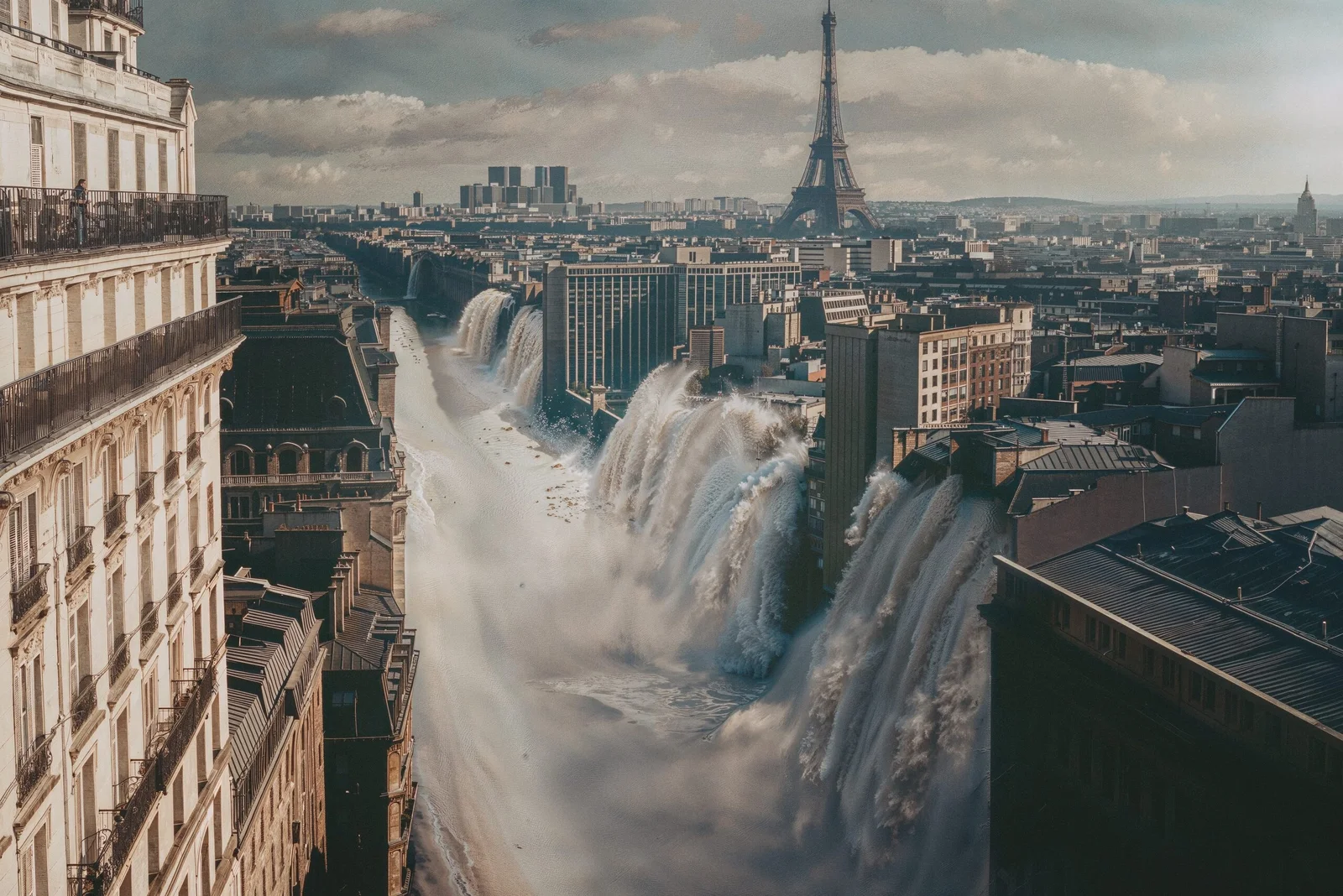 Vue depuis les toits d'une ville où des murailles d'eau blanche dévalent les avenues, la ligne d'horizon restant intacte sous un ciel serein.