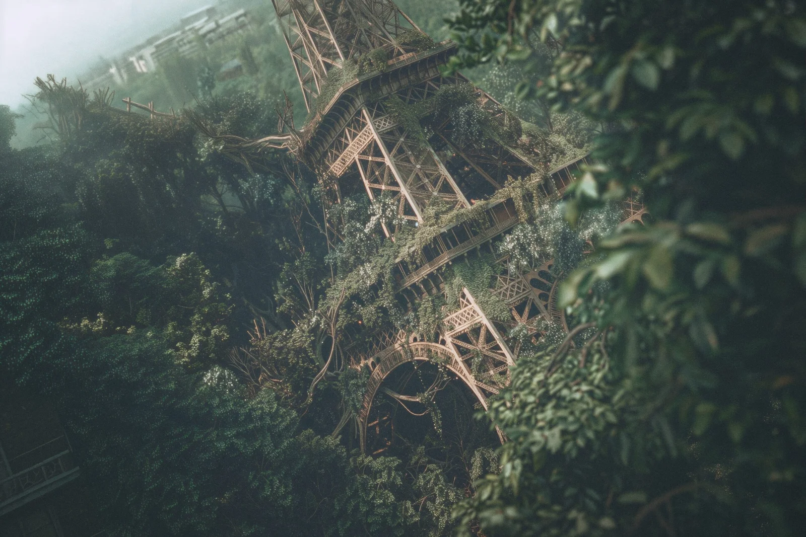 La Tour Eiffel prise dans une jungle dense qui monte jusqu'à ses plateformes, vue en plongée à travers un feuillage.