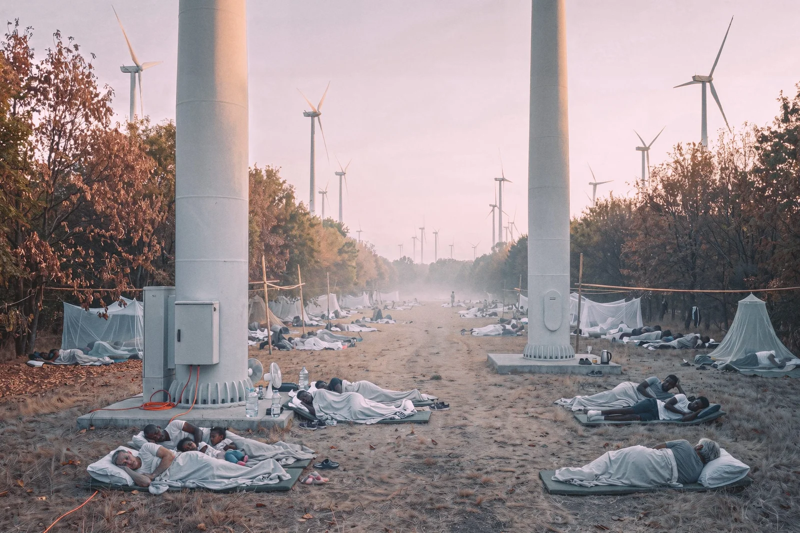 Des dizaines de personnes dormant sur une pelouse sous des draps et des moustiquaires à l'aube, deux tours d'éolienne sortant du sol au milieu des matelas.