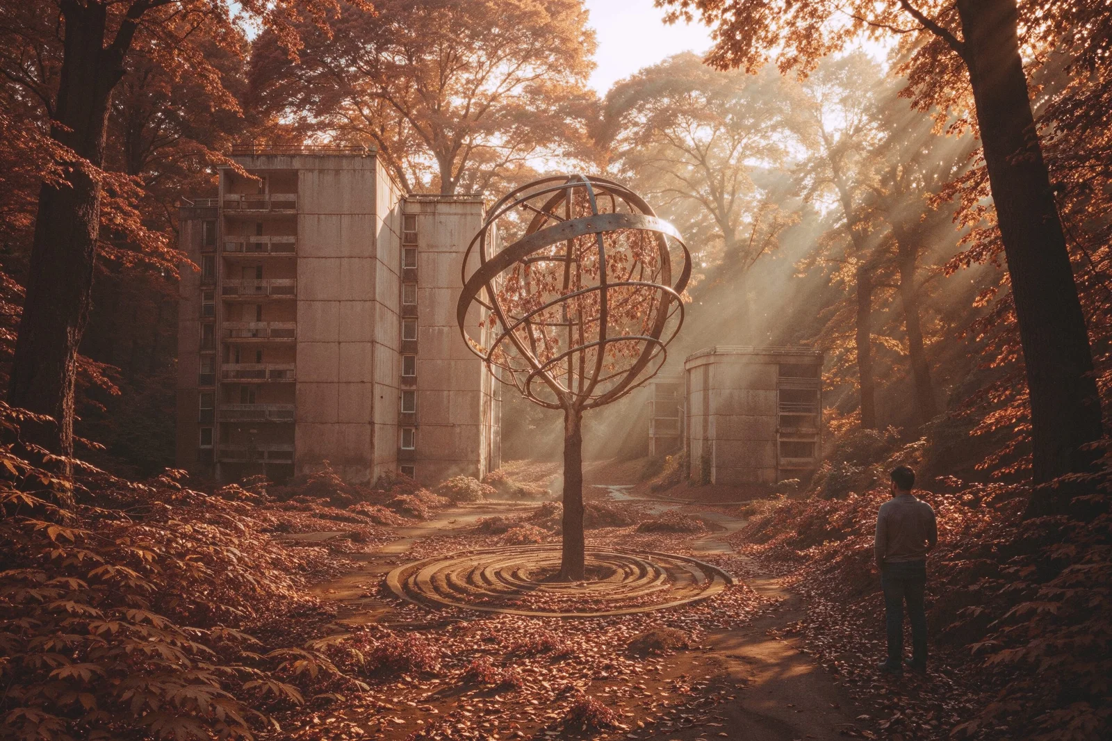 Une sphère armillaire monumentale et rouillée au centre d'une clairière d'automne brumeuse, deux barres de logements vides avalées par la forêt derrière.