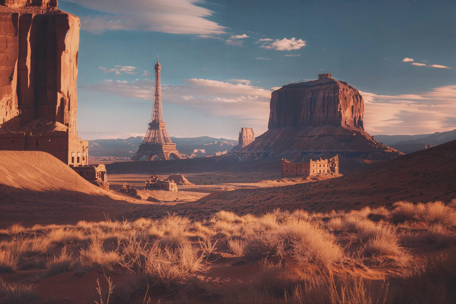 La Tour Eiffel dressée parmi les mesas de Monument Valley au crépuscule, des ruines d'immeubles haussmanniens dans les herbes sèches.