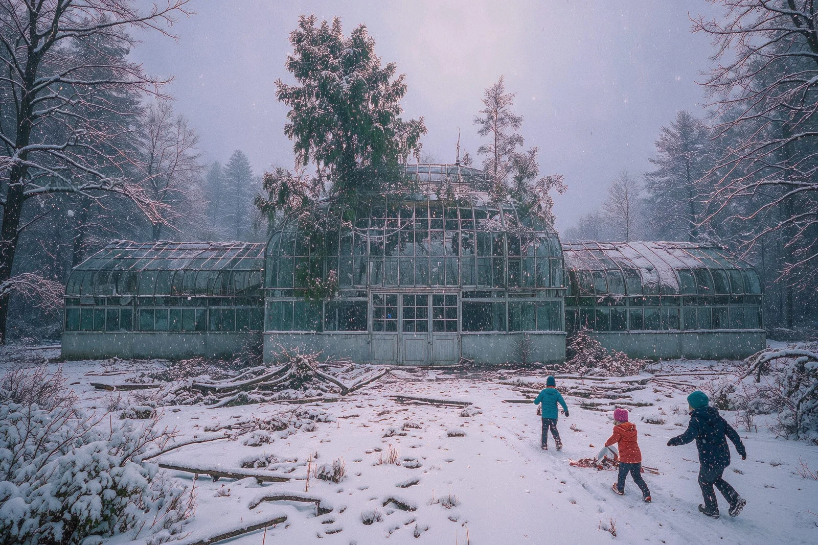 Une grande serre municipale abandonnée sous la neige, un sapin ayant crevé sa toiture, trois enfants en doudoune courant vers elle.