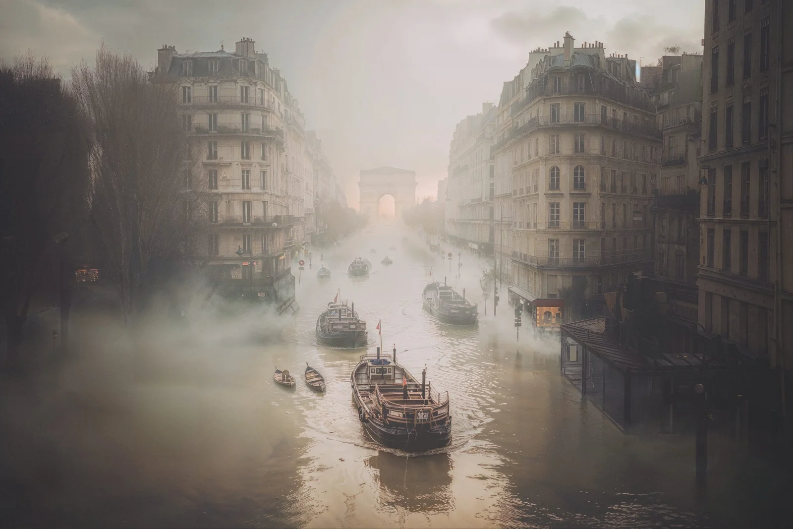Un carrefour haussmannien devenu un bassin où naviguent cinq péniches, dans une brume dorée.