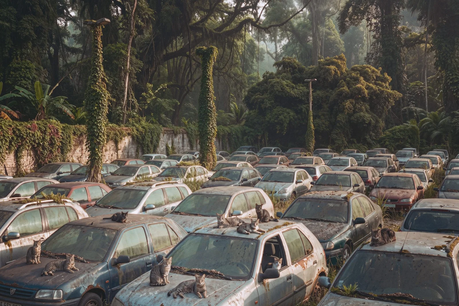Un parking dont les voitures, en place depuis des décennies, sont couvertes de mousse et d'humus, une vingtaine de chats harets sur les capots, la forêt descendue jusqu'aux places.